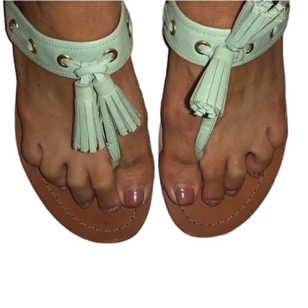 Coach size 9.5 mint green sandal thong genuine leather gold detail & tassel - Picture 2 of 10